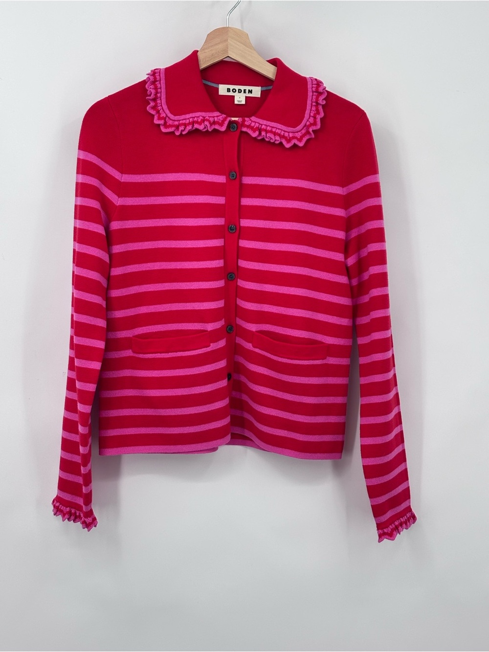 BODEN Jessie striped ruffled frill collared cardigan pink red size Small - Picture 2 of 12